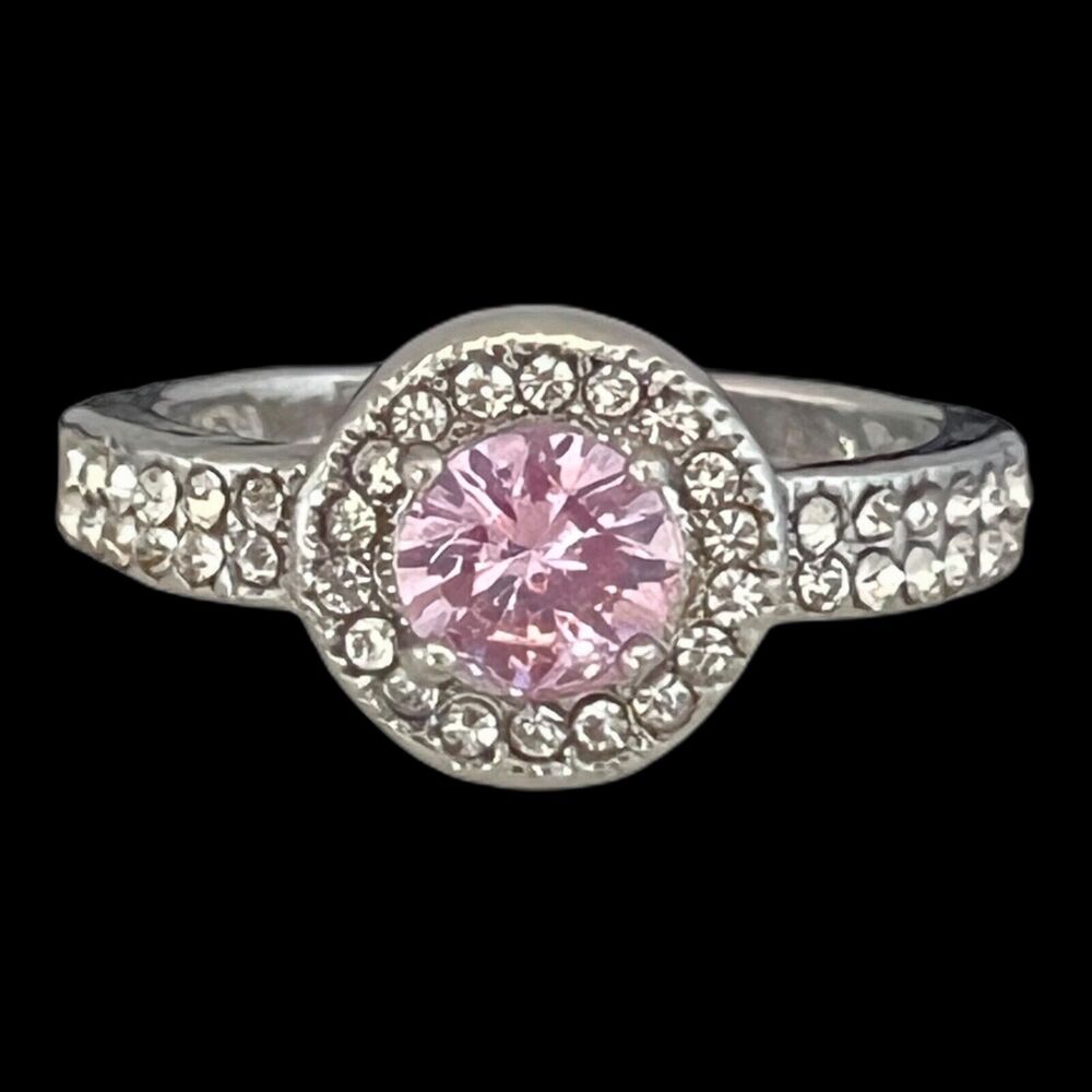 Vintage 1990s CZ Halo Ring Pink Stone Sterling Silver - 4H